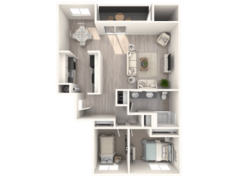 Floor plan for 2 beds, 1 bath, 886 sqft